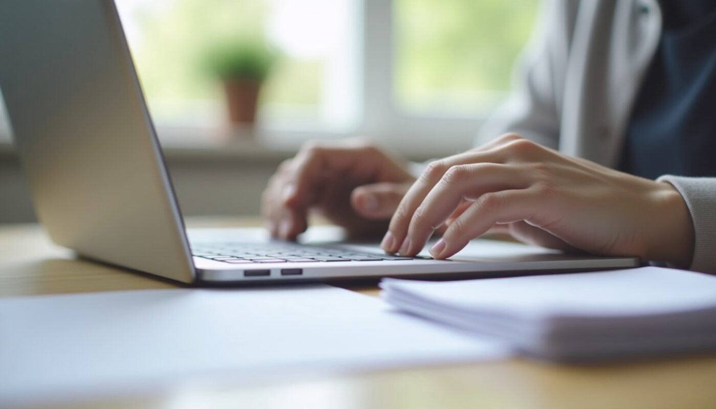 Mains sur un clavier d'ordinateur portable à côté de documents papier